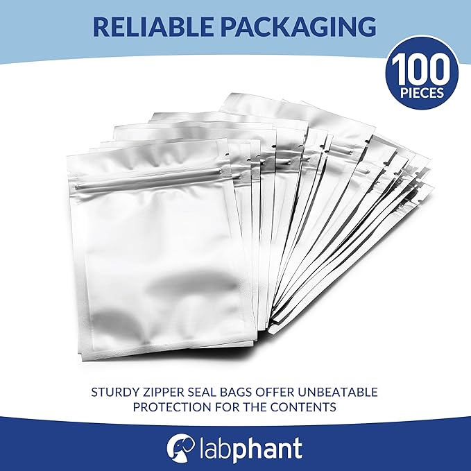 Mylar Bags with Zipper Seal 3.3 x 5.5” | 100 Bags | Resealable Heat Seal Bags for Candy and Food Packaging, Medications and Vitamins | Plastic and Aluminum Foil Packets for Liquid and Solids