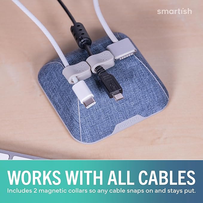 Smartish® Magnetic Cord Holder - Cable Wrangler Organizer with Magnet Clips for Charger Management on Desktop, Nightstand for USB-C + Lightning - Blue Jeanie