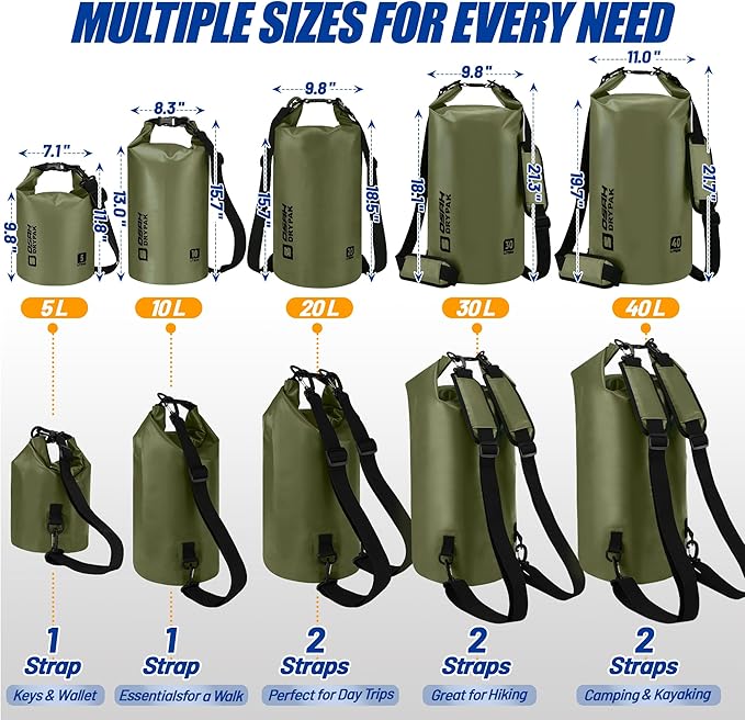 Waterproof Dry Bag, 5L/10L/20L/30L/40L Roll Top Lightweight Storage Backpack with Phone Case for Women & Men, Floating Waterproof Sack for Travel, Swimming, Kayaking, Paddle Board, Camping & Beach