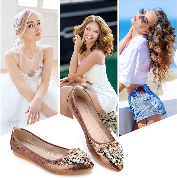 KUNWFNIX Women Ballet Flats Rhinestone Wedding Ballerina Shoes Foldable Sparkly Comfort Slip on Flat Shoes