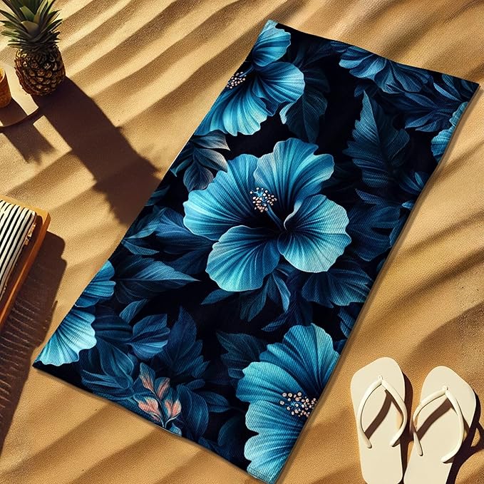 Tropical Floral Microfiber Beach Towel Blue Hibiscus Patterns, Quick Dry Absorbent Soft Sand Free Lightweight Beach Blanket, Vacation Picnic Pool Gym Essentials 70x35 Inch