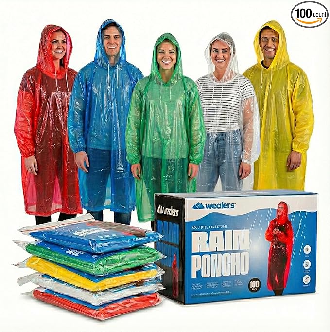 Wealers Rain Poncho Bulk Pack Disposable Ponchos Adults Emergency Raincoat Hood Strings Multi Colors