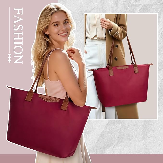 Tote Bag for Women, Nylon Top-Handle Purse with Zipper, Lightweight Foldable Shoulder Hobo Handbag