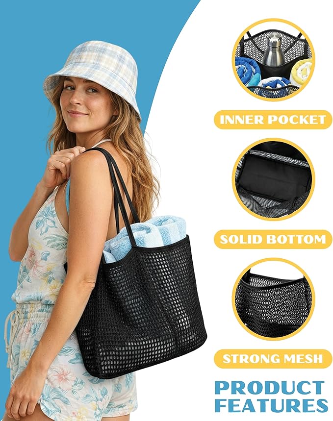 Rave Envy Beach Tote Bag for Women – Waterproof Mesh Tote Bag, Large Capacity Sandproof Beach Bags for Travel