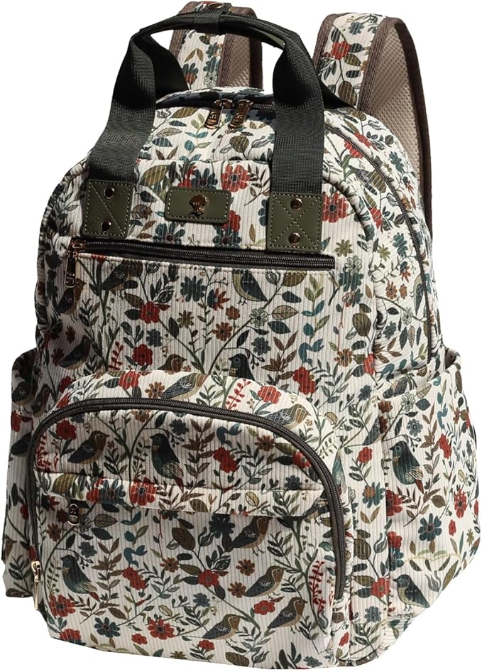 Diaper Bag Backpack, Large Capacity Multifunction Baby Essentials Fashion Travel Pack Linen Canvas office Laptop Bag (Corduroy Leaf Bird)