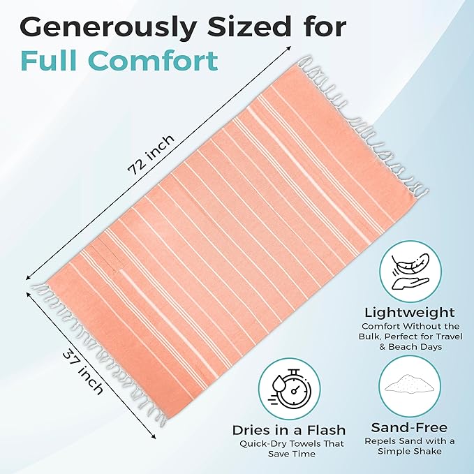 Turkish Beach Towel with Hidden Zipper Pocket 100% Cotton Oversized 72 x 37 Inches Quick Dry Sand Free Lightweight Compact for Beach, Pool, Travel, Bath, and Yoga (Light Orange)
