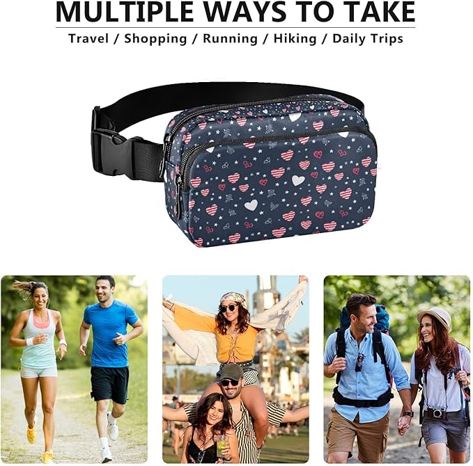 Kawaii American Flag Heart Dog Paw Fanny Pack for Women Men Water Resistant Fashion Waist Packs with Adjustable Strap Belt Bag for Travel Workout Jogging Hiking 21219381