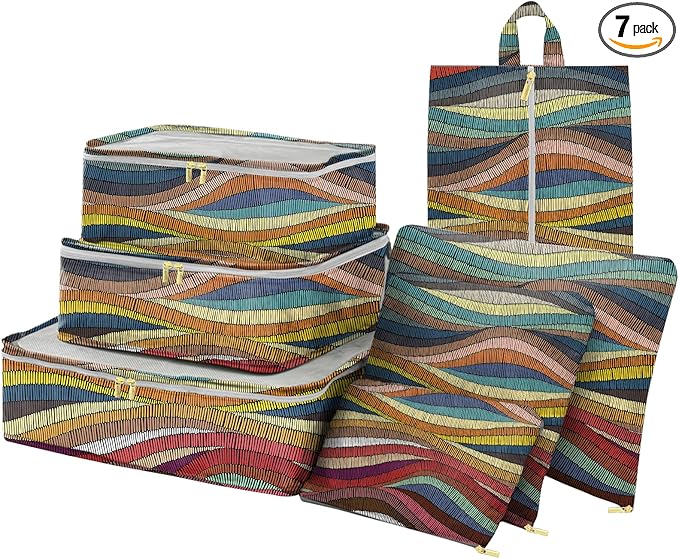 7 Set Packing Cubes Travel Luggage Organizers for Suitcase Travel Accessories with Shoe Bag for Girls Women Aesthetic Cute Boho Bohemian-Colorful