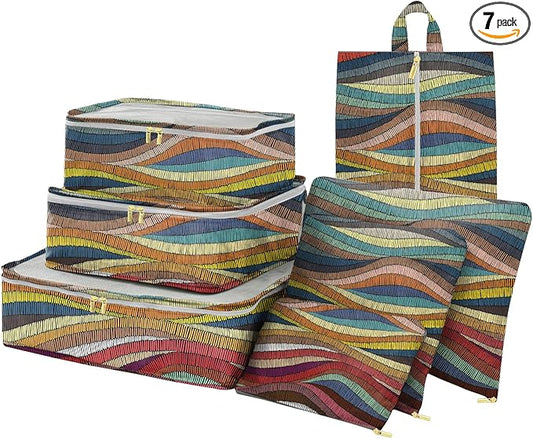 7 Set Packing Cubes Travel Luggage Organizers for Suitcase Travel Accessories with Shoe Bag for Girls Women Aesthetic Cute Boho Bohemian-Colorful