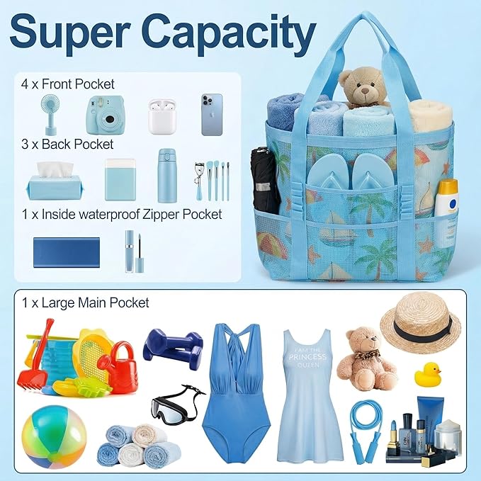 Mesh Beach Bags for Women - Family Beach Tote Bag for Toys, Towels, Travel Vacation Cruise Essentials