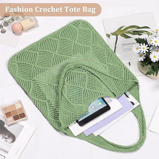 Sightor Crochet Tote Bag, Mesh Beach Bag Knit Summer Hobo Bag Vacation Boho Tote Bag for Women