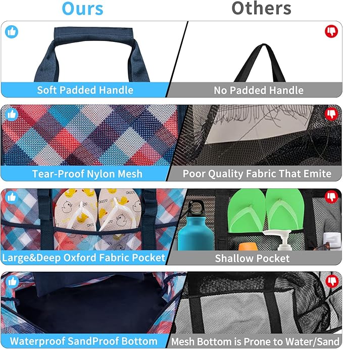 KABAQOO Mesh Beach Bag, Extra Large Beach Bags with 9 Pockets & Zipper Waterproof Lightweight Beach Tote for Beach/Pool Trip | Extra Large, 9 Pockets, Zipper, Waterproof, Lightweight, Beach/Pool Trip