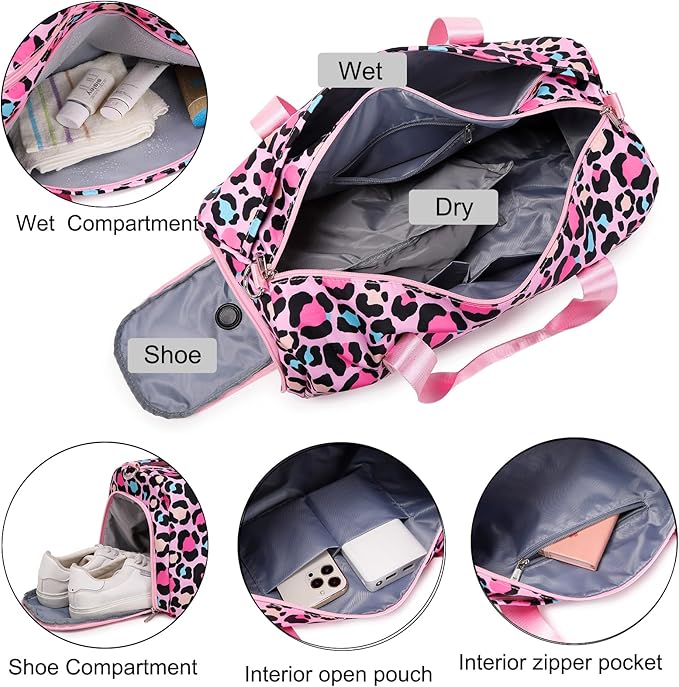 Duffle Bag Girls Kids Cute Waterproof Ballet Dance Sports Gym Weekender Overnight Travel Bags with Shoes Compartment (Pink)