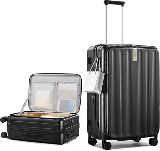 Hanke 26 Inch Expandable Luggage Top Opening Checked Bag Luggage Hard Shell Suitcases with Wheels Lightweight Travel Luggage Heavy Duty Luggage Suitcase with Lock for Woman Men-Jet Black