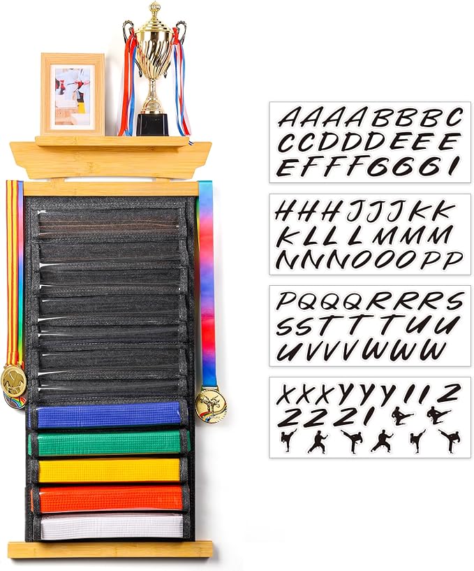 Tilhumt 10/12 Belts Karate Belt Display Rack with Photo Shelf, Felt Taekwondo Belt Display Rack Martial Arts Belt Display for Adults TKD, BJJ