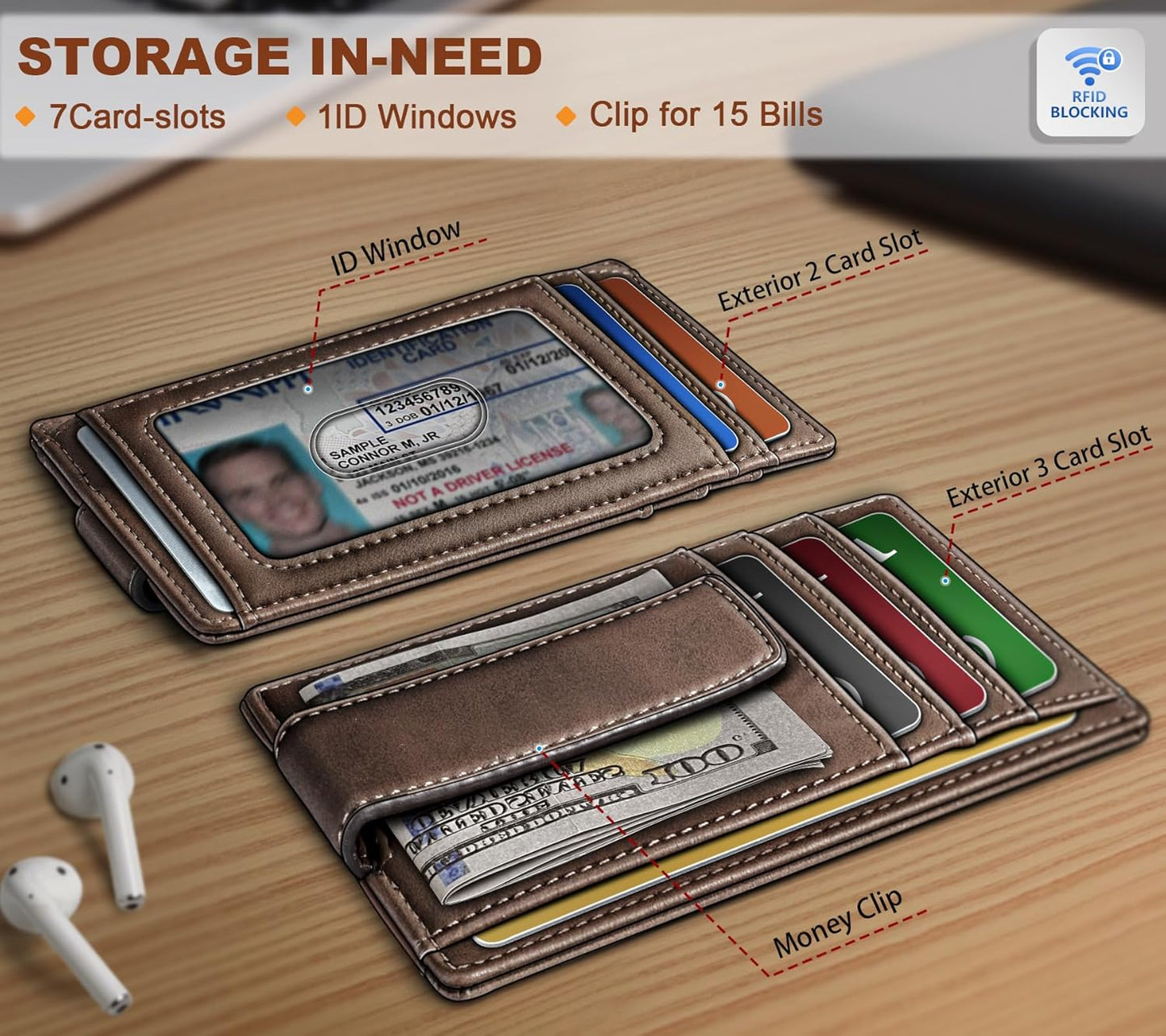 BULLIANT Men Wallet,Slim Leather Wallet Money Clip Card Hodler For Men Gift 8 Cards RFID Blocking