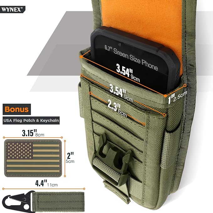 WYNEX Tactical Phone Pouch Molle,Smartphone Holster Bag EDC Utility Cellphone Lock Card Holder Organizer Fit for Waist Belt Case Include Tactical Gear Clip and U.S.A Patch