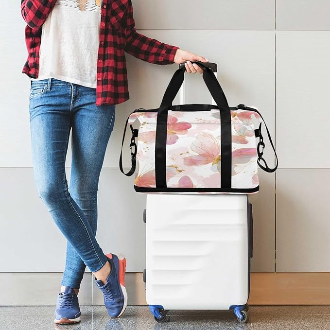Travel Duffel Bags for Women Pink Butterfly Sports Duffel Bags Gym Bags with Shoes Compartment Tote Bag Weekender Bag for Travelling