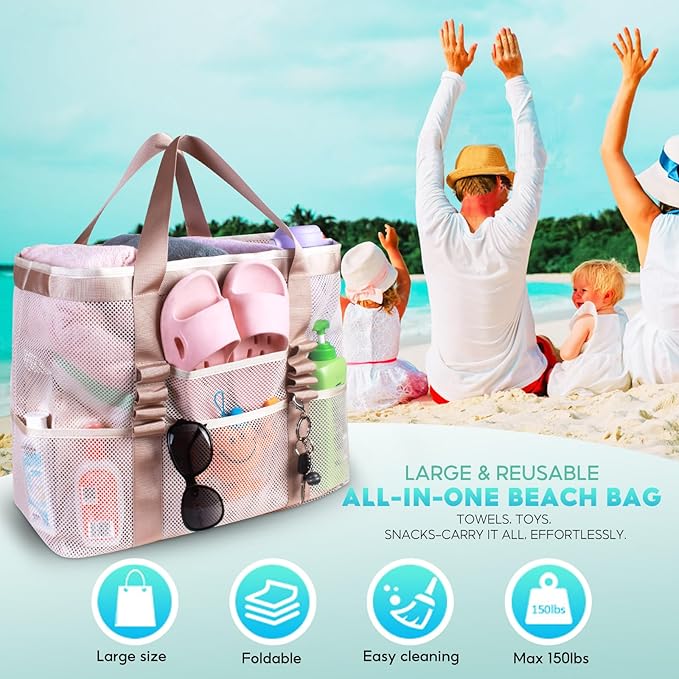 Large Mesh Beach Bag – Lightweight Beach Tote with 9 Pockets, Beach Bag for Women, Men, Family Essentials