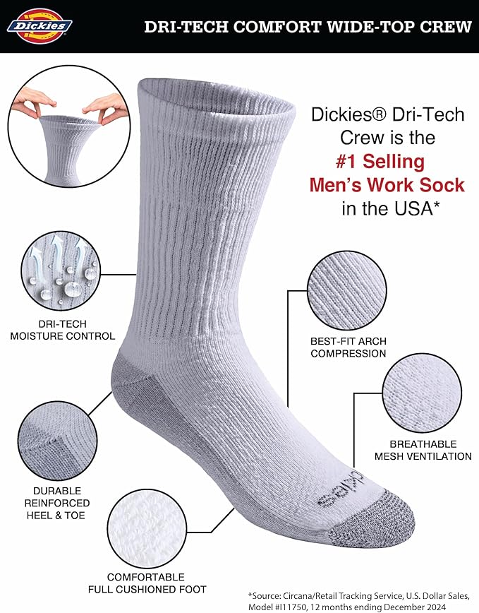Dickies Men's Dri-Tech Original Moisture Control Crew Socks, Available in M-XXL (6, 12, 18 Pairs)