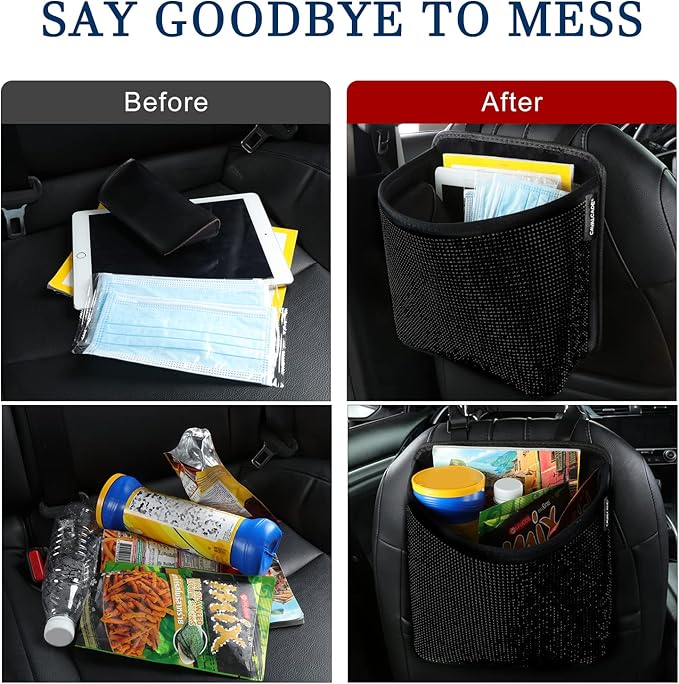 Cavalcade Car Back Seat Organizer, Bling Hanging Pocket, Large Seat Back Travel Caddy Bag, Diamond Trash Bin Garbage Container (Black)