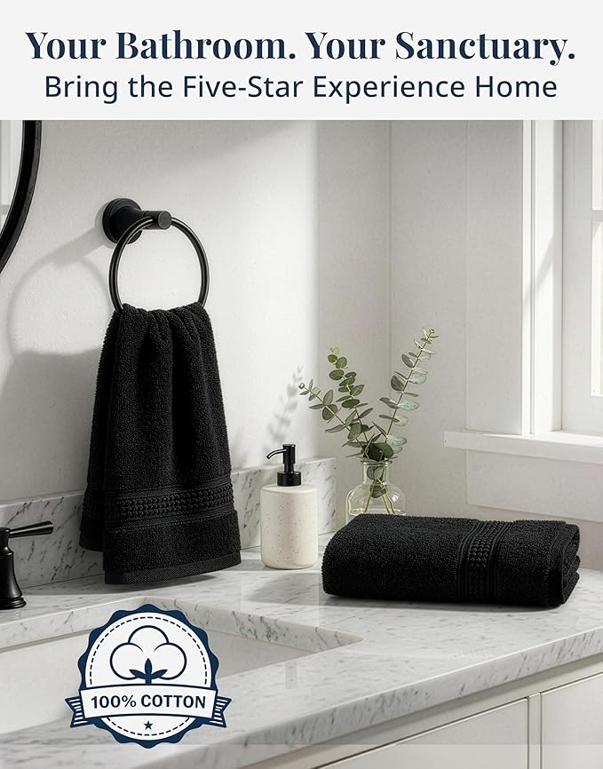 Black Hand Towels for Bathroom - 4 Pack (16"x28"), 100% Ringspun Cotton Hand & Face Towel - Soft, Prevent Fraying, Fade and Shrink Resistant - Daily Use Gym Towels for Men & Family Bathroom Hand Towel
