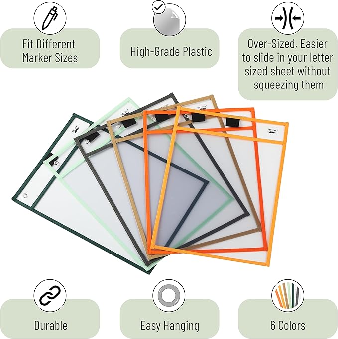 Mr. Pen- Dry Erase Pocket Sleeves, 12 Pack, 10"x14", Autumn Color Theme, Dry Erase Pockets Reusable Sleeves, Job Ticket Holders with Marker Holder & Metal Eyelet