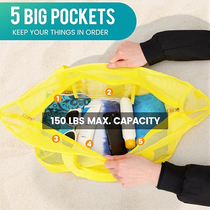 Mesh Beach Bag, Large Bag with Zipper Beach Bags for Women Waterproof Sandproof with 5 Pockets Green