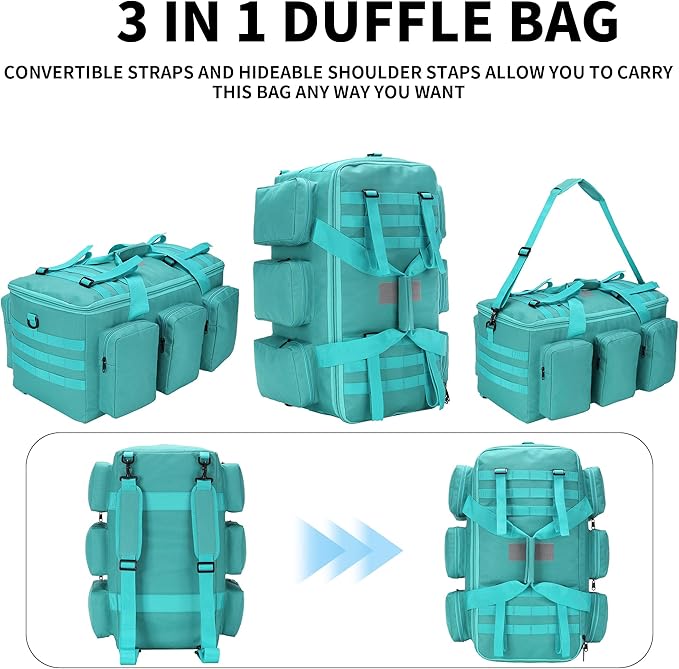 3 In 1 Military Duffel Bag 50L Gym Bag for Men Convertible Weekender Backpack for Sports Travel Basketball (50L-LakeBlue)