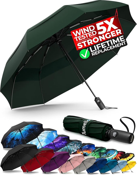 TUMELLA Strongest Windproof Travel Umbrella (Compact, Superior & Beautiful), Small, Wind-Tested, Light & Portable, Automatic Folding Rain Umbrella, Durable Premium Grip, Fits Car and Backpack