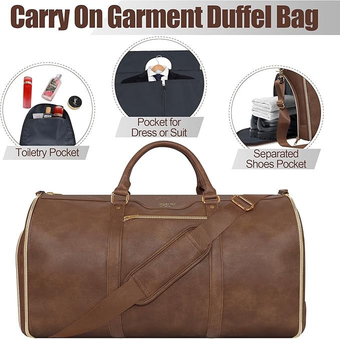 Garment Bag for Travel, Carry On Garment bag, Convertible Duffel Bag with Shoe Compartment, Perfect for Business Trips and Weekend Getaways(Brown)