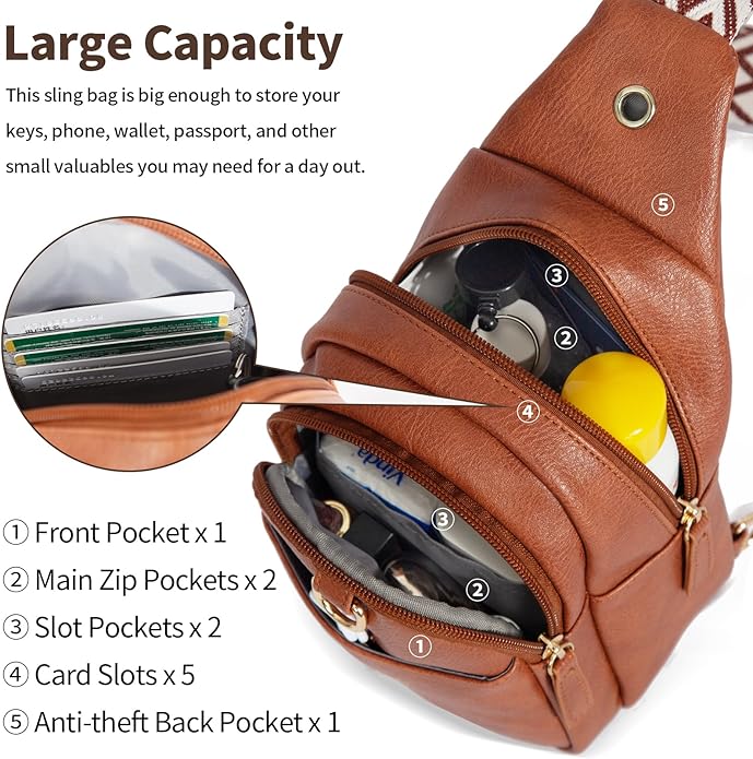 Crossbody Bags for Women Sling Bag Anti Theft PU Leather Travel Chest Purse Small Adjustable Strap Fits Large Phone