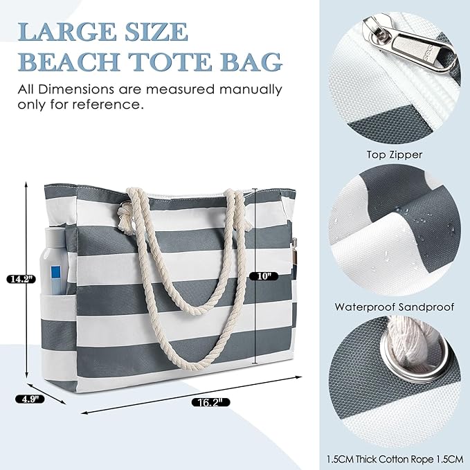 Pleneal Beach Bags For Women - Large Beach Bags with Zipper Waterproof Sandproof Swim Pool Beach Bag