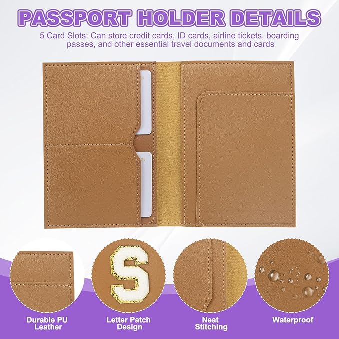 PATIKIL Passport Holder for Travel, Initial Passport Cover and Luggage Tag Set with Alphabet Chenille Letter Patch Travel Wallet Bag Suitcase Identifier for Women Family Travel Brown S