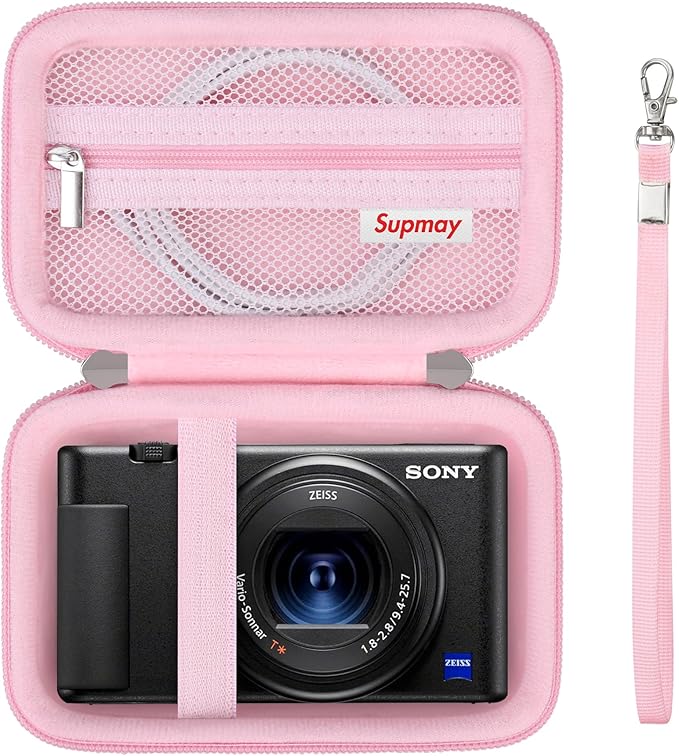 Hard Travel Case for Sony ZV-1F / ZV-1 / ZV-1 II Digital Camera, Storage Holder Travel Bag with Zipper Mesh Pocket for Battery Pack, Charging Cable, USB Card, Pink