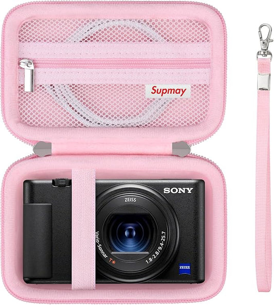 Hard Travel Case for Sony ZV-1F / ZV-1 / ZV-1 II Digital Camera, Storage Holder Travel Bag with Zipper Mesh Pocket for Battery Pack, Charging Cable, USB Card, Pink