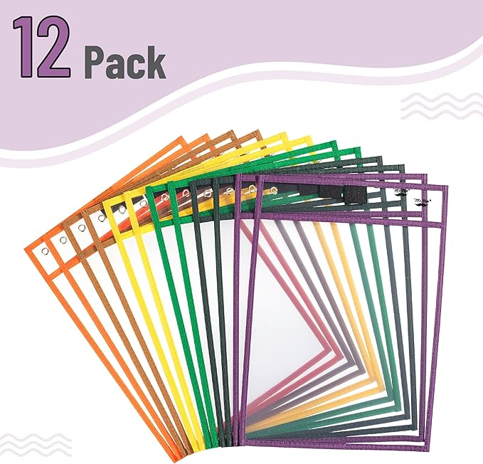Mr. Pen Dry Erase Pocket Sleeves, 12 pcs, Plastic, 10 x 14 inches, Assorted Colors, Reusable, Wipe-Off, Perfect for Classrooms, Offices, Home Learning
