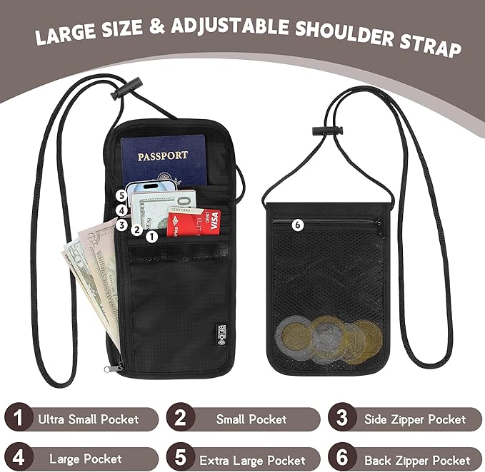 5.5" L x 7.9" W Travel Neck Wallet, RFID Blocking Passport Holder, Security Lightweight Passport Travel Wallet, Neck Pouch Gifts for Women Men(Black)