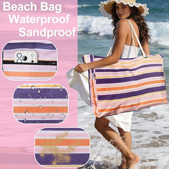 CaCTOUR Large Beach Bag Women,Beach Bags Waterproof Sandproof with Zipper Wet Pocket,Beach Tote Pool Bag for Swim Gym Travel