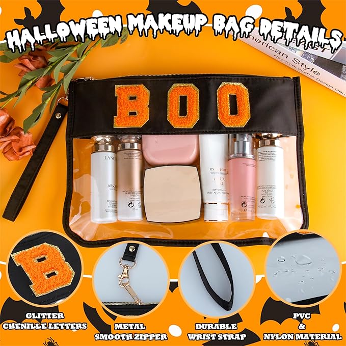 2 Pcs Halloween Gifts Cosmetic Makeup Bags with Boo Chenille Letter Patch, Clear Pouch PVC Organizer Purse, Waterproof Travel Bag, Portable Toiletry Storage Bag for Girls Friends Women