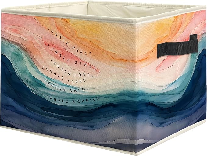Abstract Mental Health Storage Bin Box with Handles, Watercolor Inhale Exhale Anxiety Relief Foldable Linen Fabric Laundry Basket for Home Therapy Office Clothes Toys Books