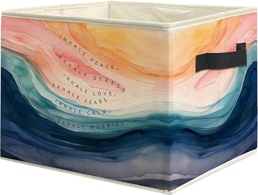 Abstract Mental Health Storage Bin Box with Handles, Watercolor Inhale Exhale Anxiety Relief Foldable Linen Fabric Laundry Basket for Home Therapy Office Clothes Toys Books