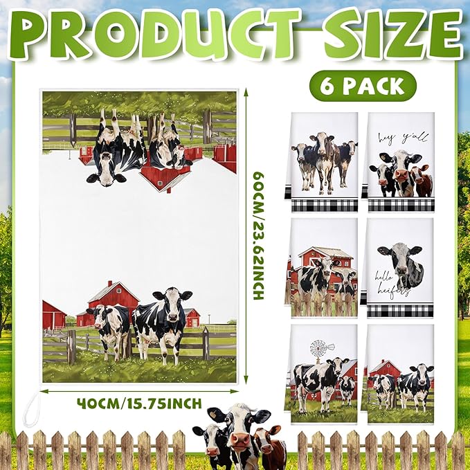 Bencailor 6 Pcs Cow Kitchen Towels Farmhouse Cow Dish Hand Towels Farm Animal Vintage Rustic Tea Washcloth for Winter Spring Bathroom Kitchen Decor Gifts 24 x 16''