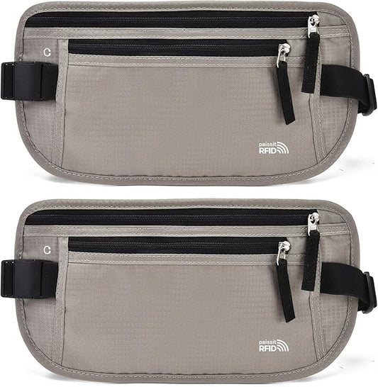 Unisex Money Belt For Men and Women, Slim Passport Holder RFID Blocking Travel Essentials Pouch with Adjustable Strap Small Waist Pouch for Workout Running Travelling Hiking, Light Grey 2 Pack