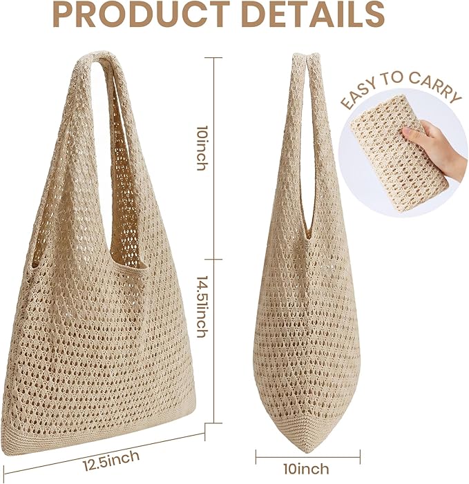 SUOSDEY Crochet Mesh Beach Tote Bag, Knit Summer Vacation Aesthetic Boho Tote Bag for Women