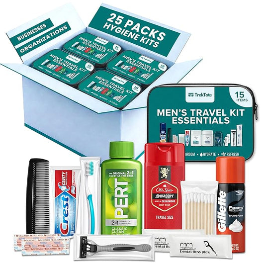 TrekTote 15 Piece Set Men’s Travel & Hygiene Kit with Clear Toiletry Bag, Grooming & Personal Care Essentials, Single Kit or Bulk Case Packs