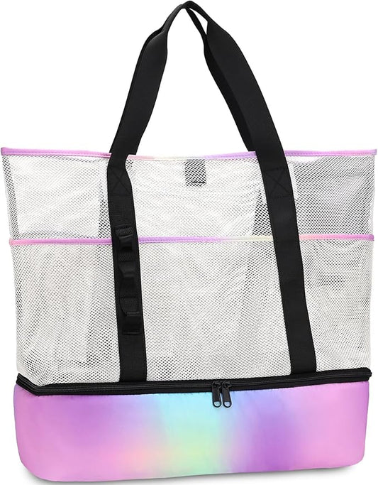 Beach Bag with Cooler,Mesh Beach Bags for Women Sandproof for Pool and Swimming Travel Daily with Durable 8 Pocket