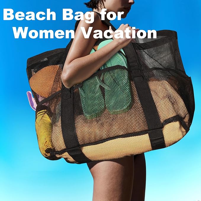 Mesh Beach Bag,Large Beach Bags for Women with 8 Pockets,Packable Tote Bag for Beach Cruise Pool Vacation Essentials