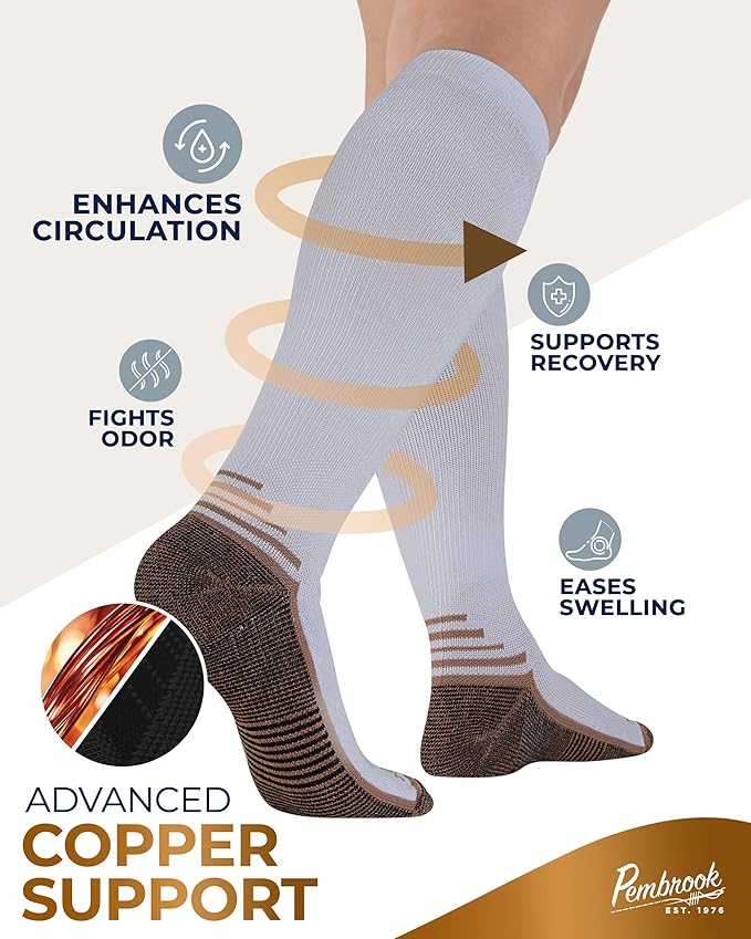 Pembrook 3 Pairs Copper Mens Compression Socks 20-30 mmHg, Running, Hiking, Athletic Cycling, Travel | Circulation Support