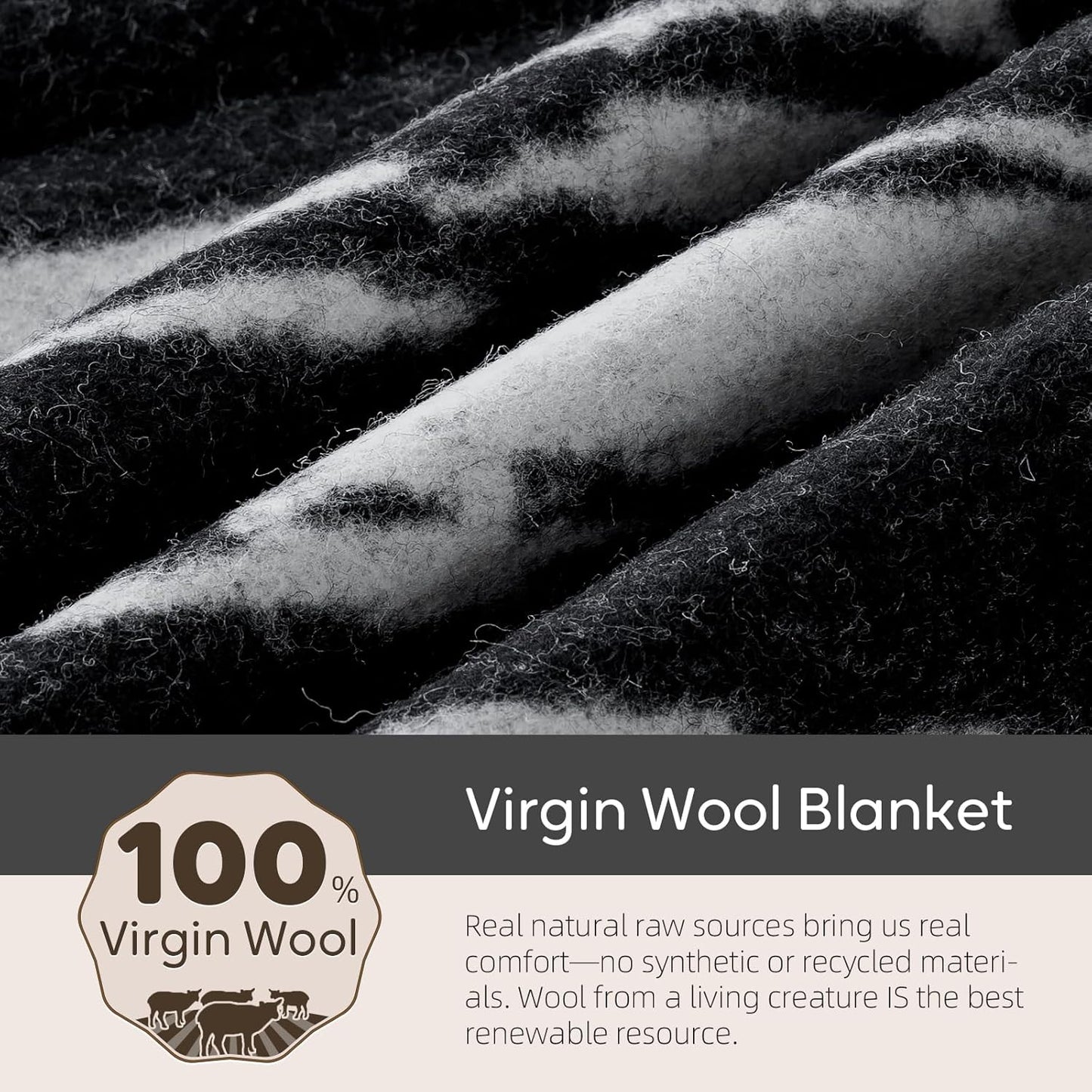 100% Wool Blanket, 62" x 86", Warm, Thick, Washable, Military Wool Blanket, Great for Camping, Outdoors, Sporting Events, Survival Kits,Black White Striped
